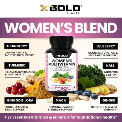 Vegan Women's Daily Multivitamin 50 Plus with Organic WholeFood Based Natural Ingredients, Ginger, Maca, Multi-Vitamin B Complex & More - Maple Wellness Supplements