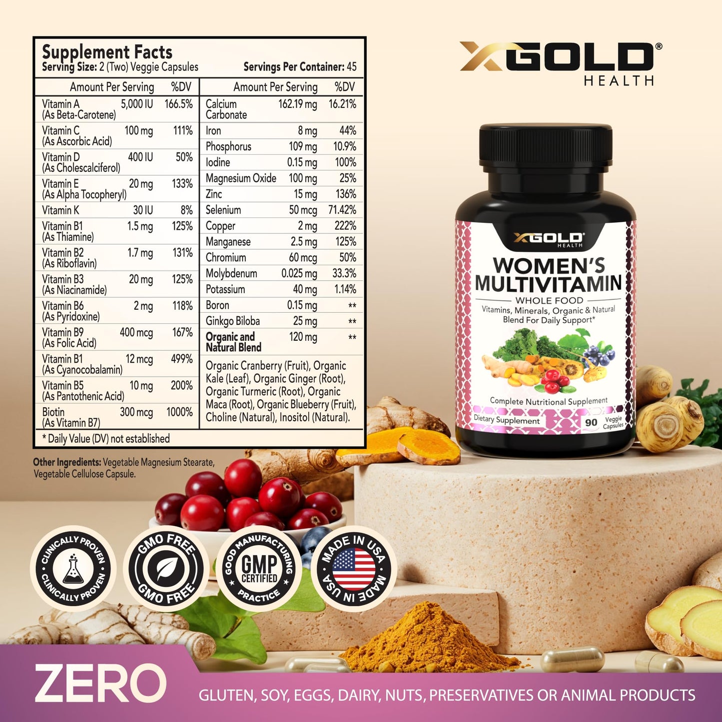Vegan Women's Daily Multivitamin 50 Plus with Organic WholeFood Based Natural Ingredients, Ginger, Maca, Multi-Vitamin B Complex & More - Maple Wellness Supplements