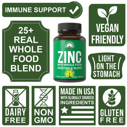 Vegan Zinc Supplement with Vitamin C + Whole Food Blend of 25 Vegetables and Fruits for Max Absorption. Zinc Supplements 30mg Capsules, Pills, Tablets, Vitamins for Adults Both Men and Women - Maple Wellness Supplements