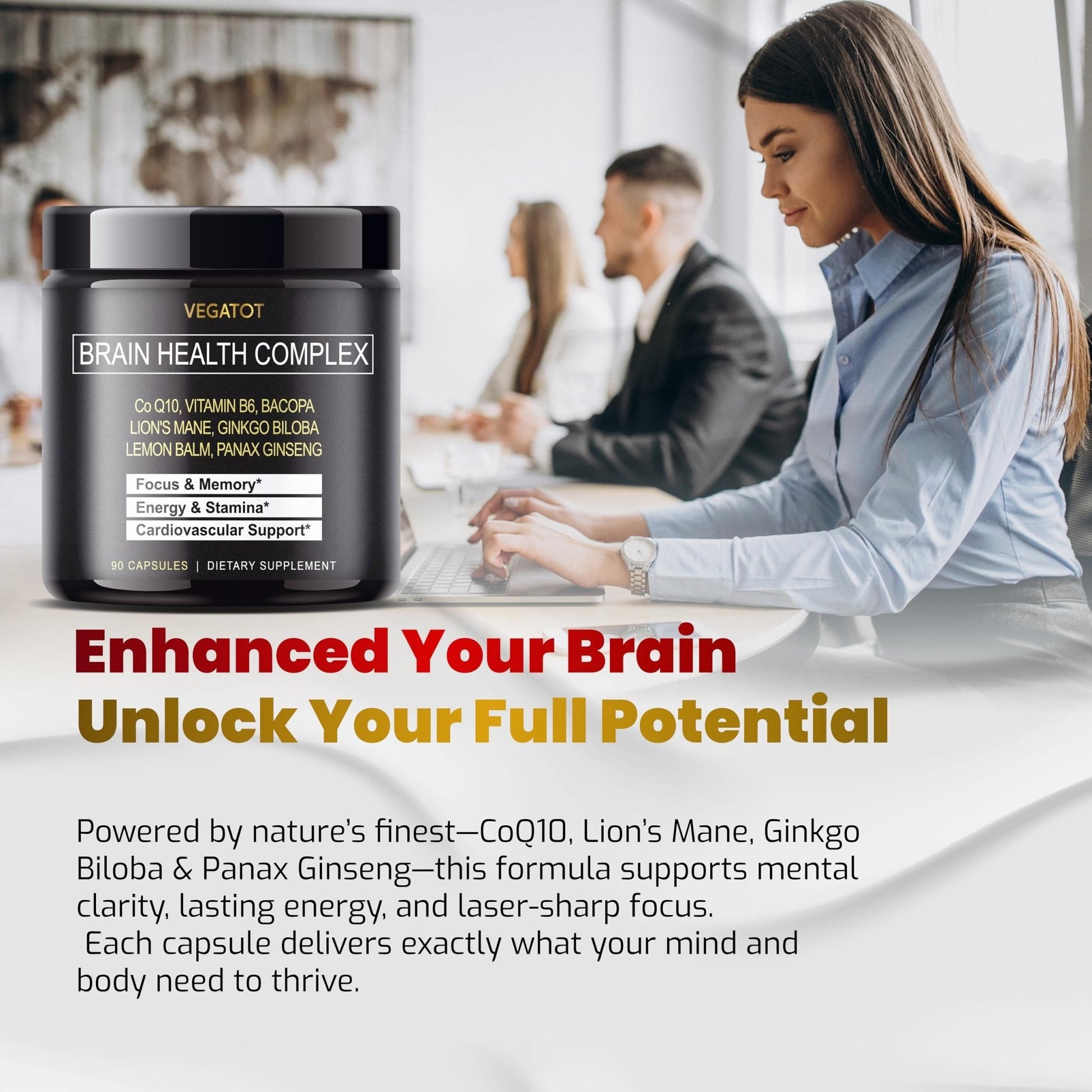 VEGATOT Brain Booster Brain Health Complex Supplement Concentrated with CoQ-10 VIT B6 Lion's Mane Ginkgo Biloba Lemon Balm Ginseng - Maple Wellness Supplements