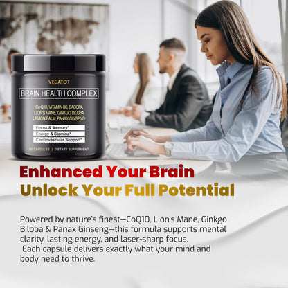 VEGATOT Brain Booster Brain Health Complex Supplement Concentrated with CoQ-10 VIT B6 Lion's Mane Ginkgo Biloba Lemon Balm Ginseng - Maple Wellness Supplements
