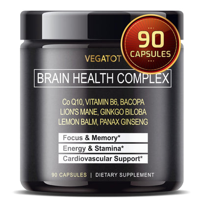 VEGATOT Brain Booster Brain Health Complex Supplement Concentrated with CoQ-10 VIT B6 Lion's Mane Ginkgo Biloba Lemon Balm Ginseng - Maple Wellness Supplements