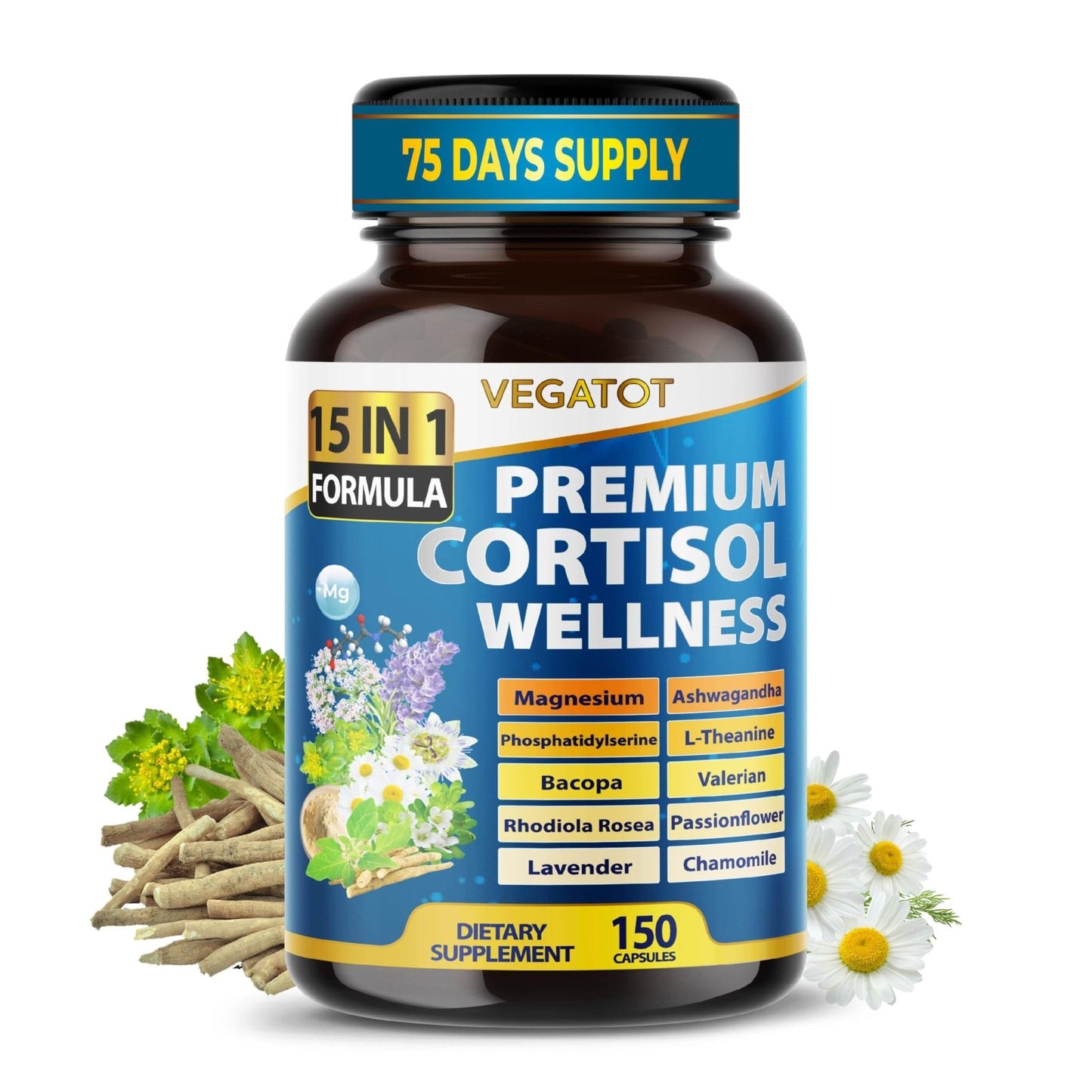 VEGATOT Organic Cortisol Wellness Complex 15-in-1 Formula with Magnesium Ashwagandha St. John's Wort Valerian Rhodiola Rosea Passionflower Chamomile - Maple Wellness Supplements