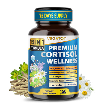 VEGATOT Organic Cortisol Wellness Complex 15-in-1 Formula with Magnesium Ashwagandha St. John's Wort Valerian Rhodiola Rosea Passionflower Chamomile - Maple Wellness Supplements