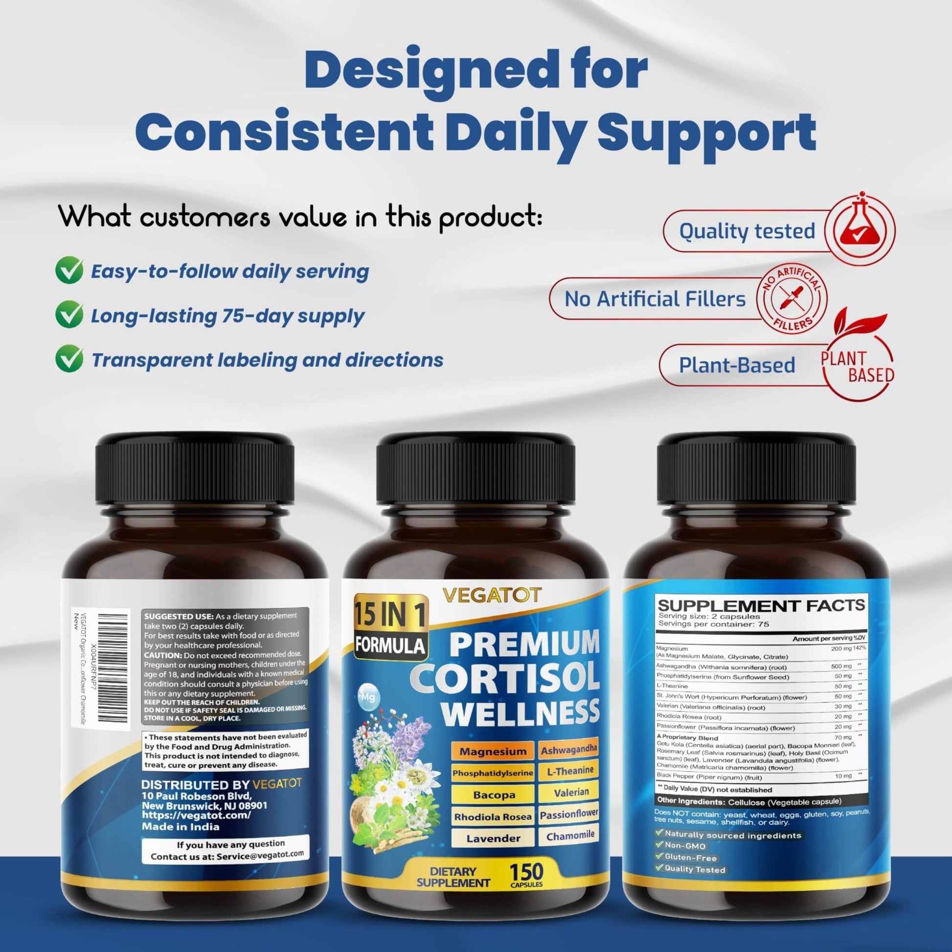 VEGATOT Organic Cortisol Wellness Complex 15-in-1 Formula with Magnesium Ashwagandha St. John's Wort Valerian Rhodiola Rosea Passionflower Chamomile - Maple Wellness Supplements