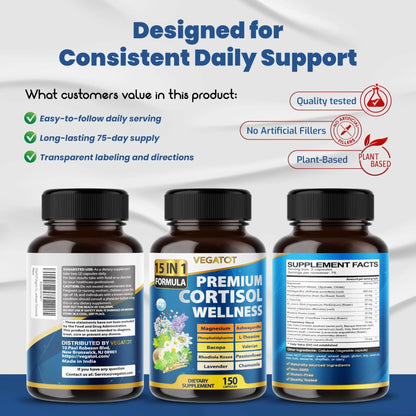 VEGATOT Organic Cortisol Wellness Complex 15-in-1 Formula with Magnesium Ashwagandha St. John's Wort Valerian Rhodiola Rosea Passionflower Chamomile - Maple Wellness Supplements
