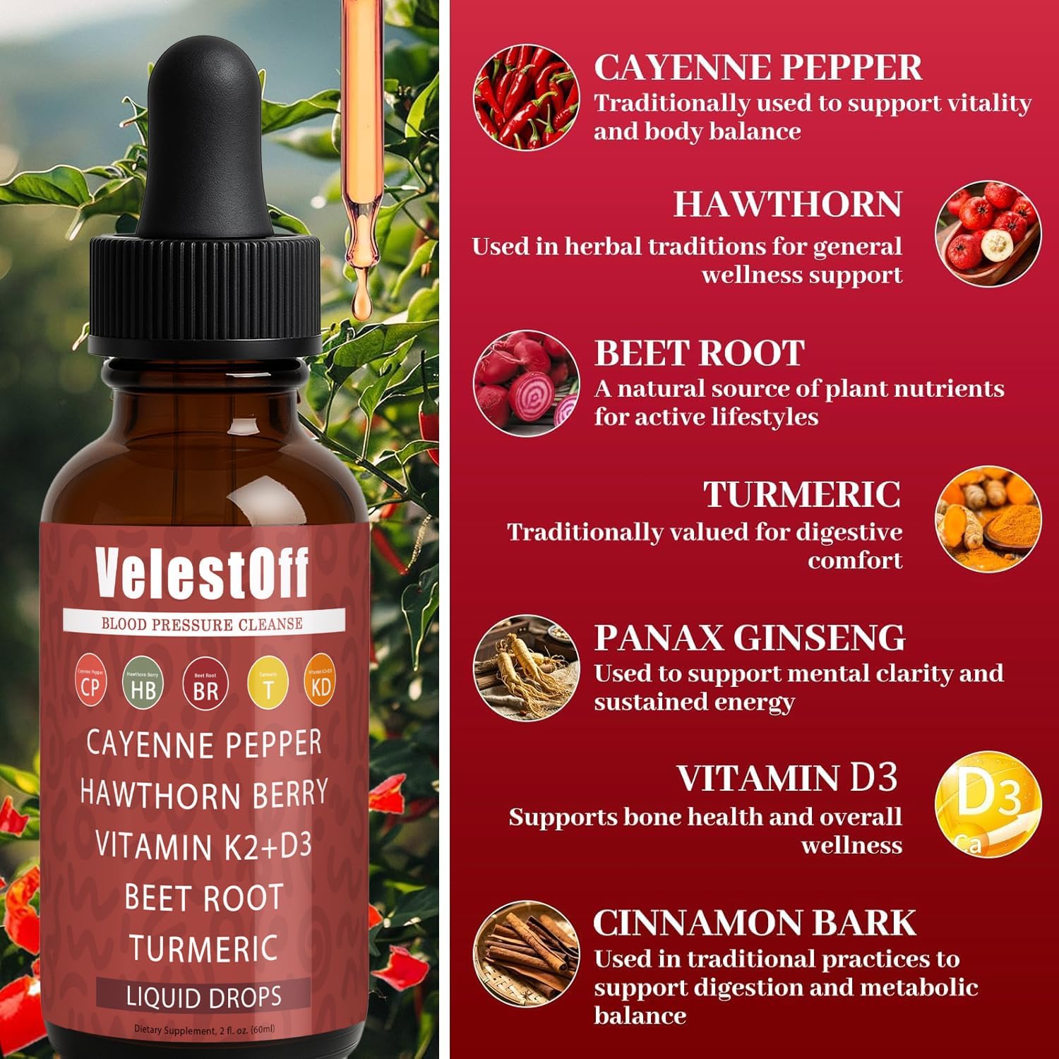 Velestoff Cayenne Pepper | Cayenne Heart & Circulation Blend – Botanical Extracts with Hawthorn, Beet Root, Turmeric, Vitamin K2 & D3 – Daily Wellness Drops (2 fl oz) (1) - Maple Wellness Supplements