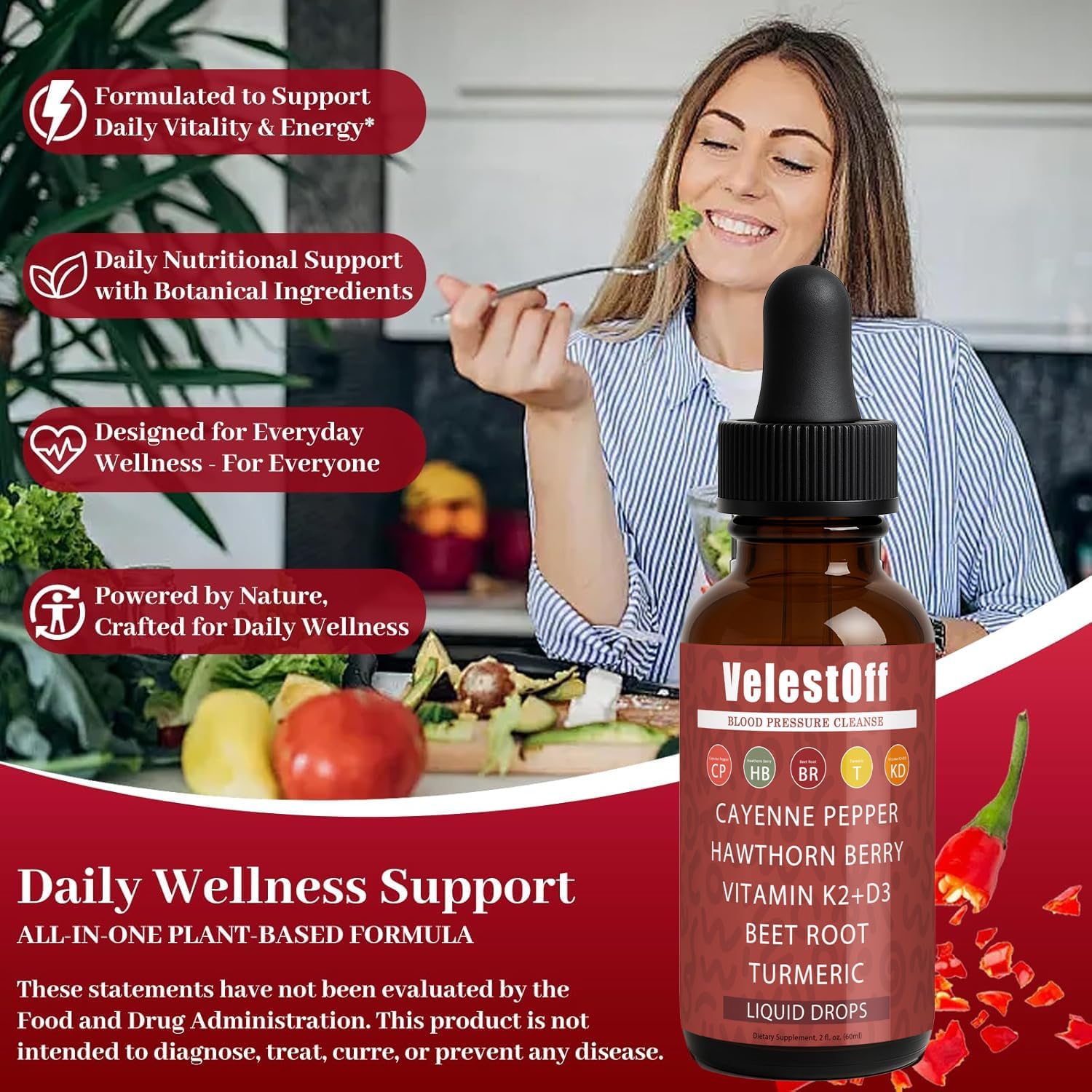 Velestoff Cayenne Pepper | Cayenne Heart & Circulation Blend – Botanical Extracts with Hawthorn, Beet Root, Turmeric, Vitamin K2 & D3 – Daily Wellness Drops (2 fl oz) (1) - Maple Wellness Supplements