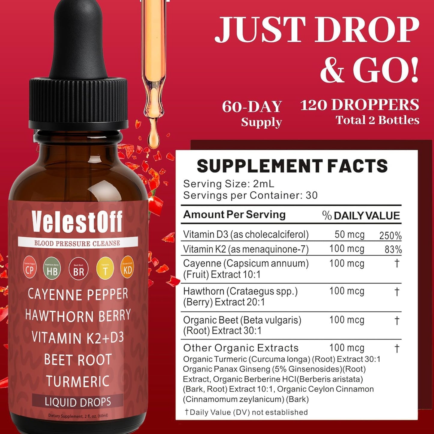 Velestoff Cayenne Pepper | Cayenne Heart & Circulation Blend – Botanical Extracts with Hawthorn, Beet Root, Turmeric, Vitamin K2 & D3 – Daily Wellness Drops (2 fl oz) (2) - Maple Wellness Supplements