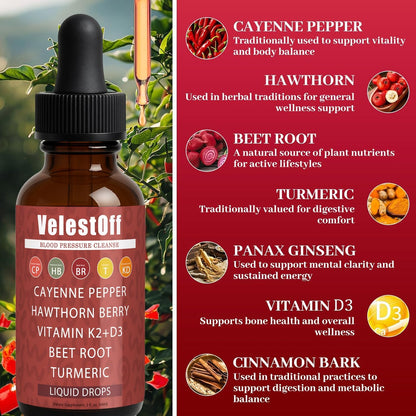 Velestoff Cayenne Pepper | Cayenne Heart & Circulation Blend – Botanical Extracts with Hawthorn, Beet Root, Turmeric, Vitamin K2 & D3 – Daily Wellness Drops (2 fl oz) (2) - Maple Wellness Supplements