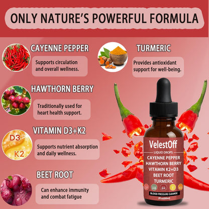 Velestoff Cayenne Pepper & Cayenne Pepper Drops Liquid Supplement with Hawthorn, Beet Root, Turmeric, Vitamin K2 D3 - Maple Wellness Supplements