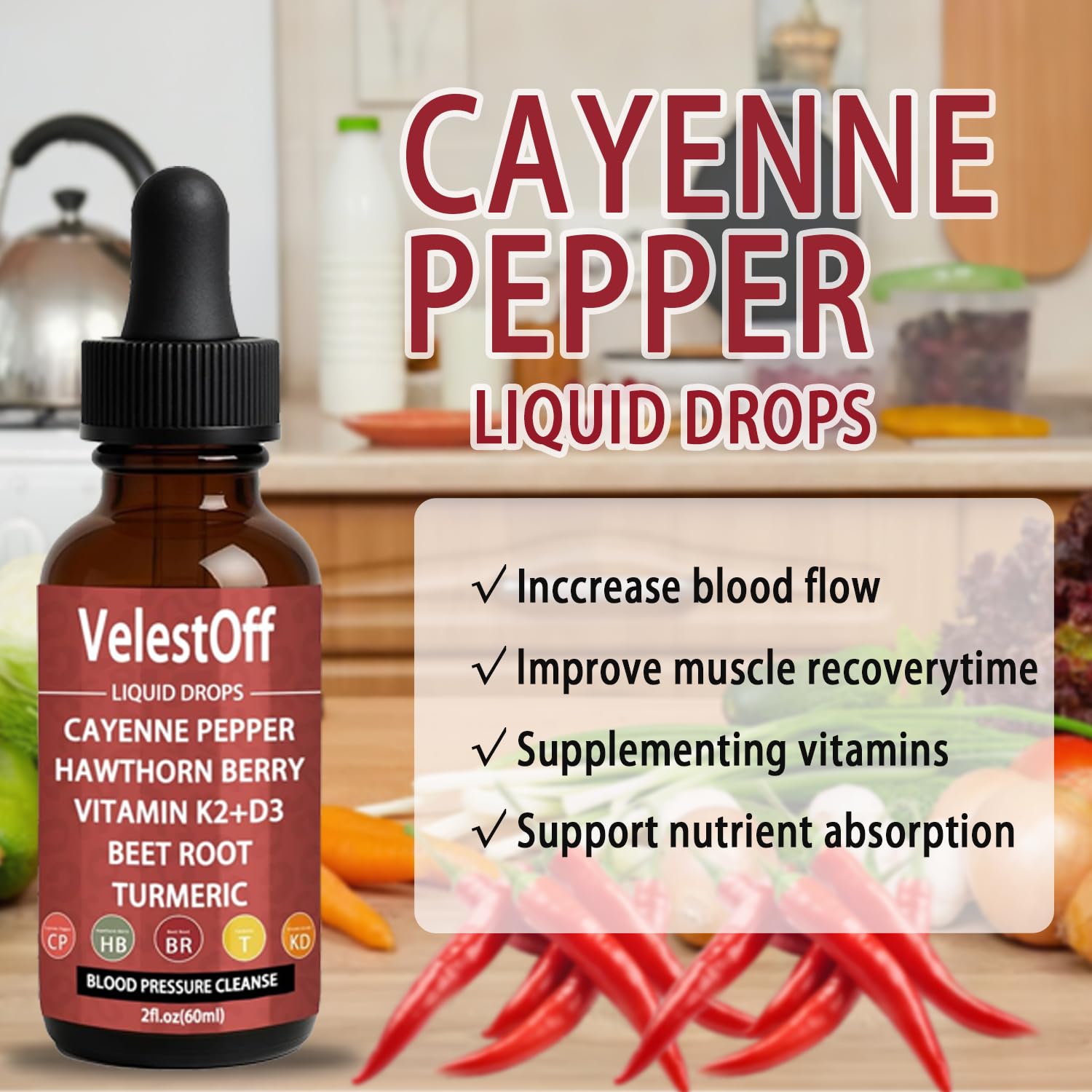Velestoff Cayenne Pepper & Cayenne Pepper Drops Liquid Supplement with Hawthorn, Beet Root, Turmeric, Vitamin K2 D3 - Maple Wellness Supplements