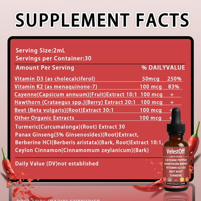 Velestoff Cayenne Pepper & Cayenne Pepper Drops Liquid Supplement with Hawthorn, Beet Root, Turmeric, Vitamin K2 D3 - Maple Wellness Supplements