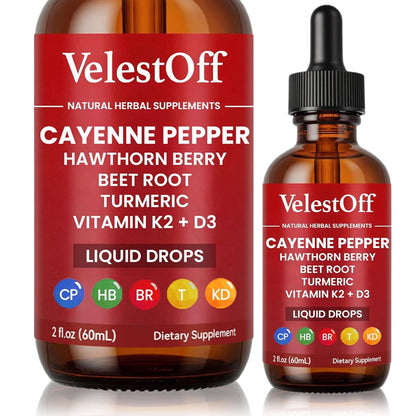 Velestoff Cayenne Pepper Drops, Cayenne Circulation Blend with Hawthorn Beet Root Turmeric Vitamin K2 D3 - Vegan, Non-GMO - 2FL.OZ (1 PCS) - Maple Wellness Supplements