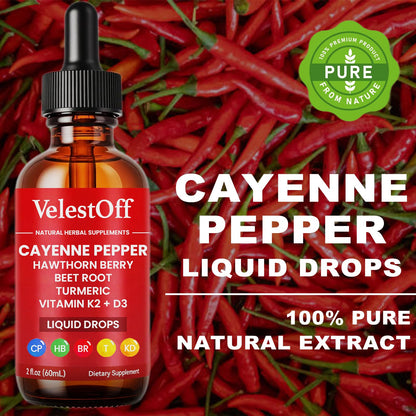 Velestoff Cayenne Pepper Drops, Cayenne Circulation Blend with Hawthorn Beet Root Turmeric Vitamin K2 D3 - Vegan, Non-GMO - 2FL.OZ (2 PCS) - Maple Wellness Supplements