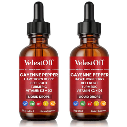 VelestOff Cayenne Pepper Drops - VelestOff Cayenne Circulation Blood Pressure Blend - Cayenne Pepper Hawthorn Beet Root Turmeric Vitamin K2 D3-2 OZ (2 PCS) - Maple Wellness Supplements