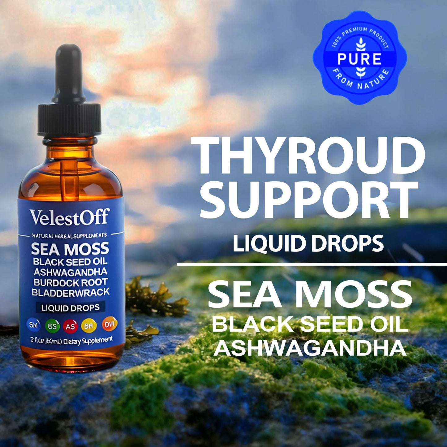 Velestoff Irish Seamoss Thyroid Hormone Regulator, Velestoff Thyroid Support Drops | Sea Moss, Black Seed Oil, Ashwagandha, Burdock Root, Bladderwrack, Hormone Balance & Support - 2 FL.OZ (1 Pcs) - Maple Wellness Supplements