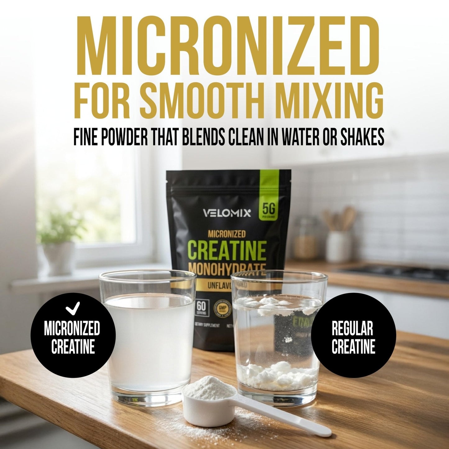 VELOMIX Micronized Creatine Monohydrate Powder - 100% Pure Creatine Powder Unflavored and Easy to Mix | Supports Muscle Growth, Recovery, and Strength | 5000mg Per Serv (5g) - 60 Servings - Maple Wellness Supplements