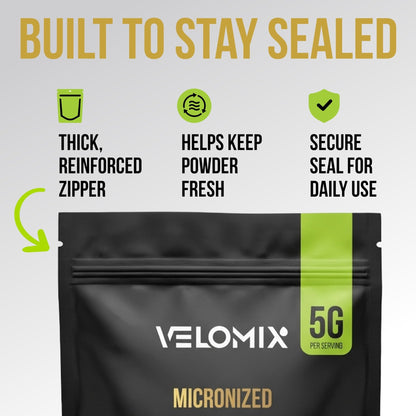 VELOMIX Micronized Creatine Monohydrate Powder - 100% Pure Creatine Powder Unflavored and Easy to Mix | Supports Muscle Growth, Recovery, and Strength | 5000mg Per Serv (5g) - 60 Servings - Maple Wellness Supplements