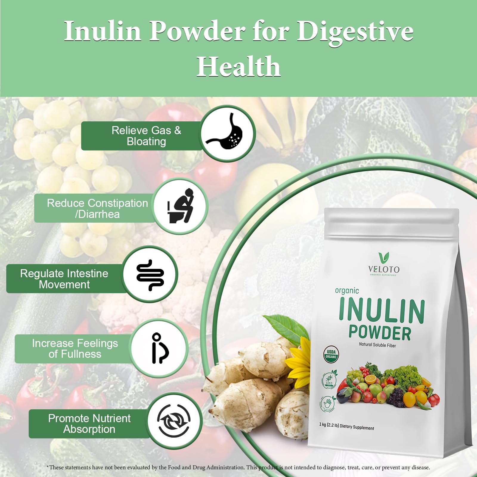 VELOTO Organic Inulin Powder – Prebiotic Fiber Supplement for Smoothies & Drinks, 2.2 lb, Flavorless, Water Soluble, Vegan & Non-GMO - Maple Wellness Supplements
