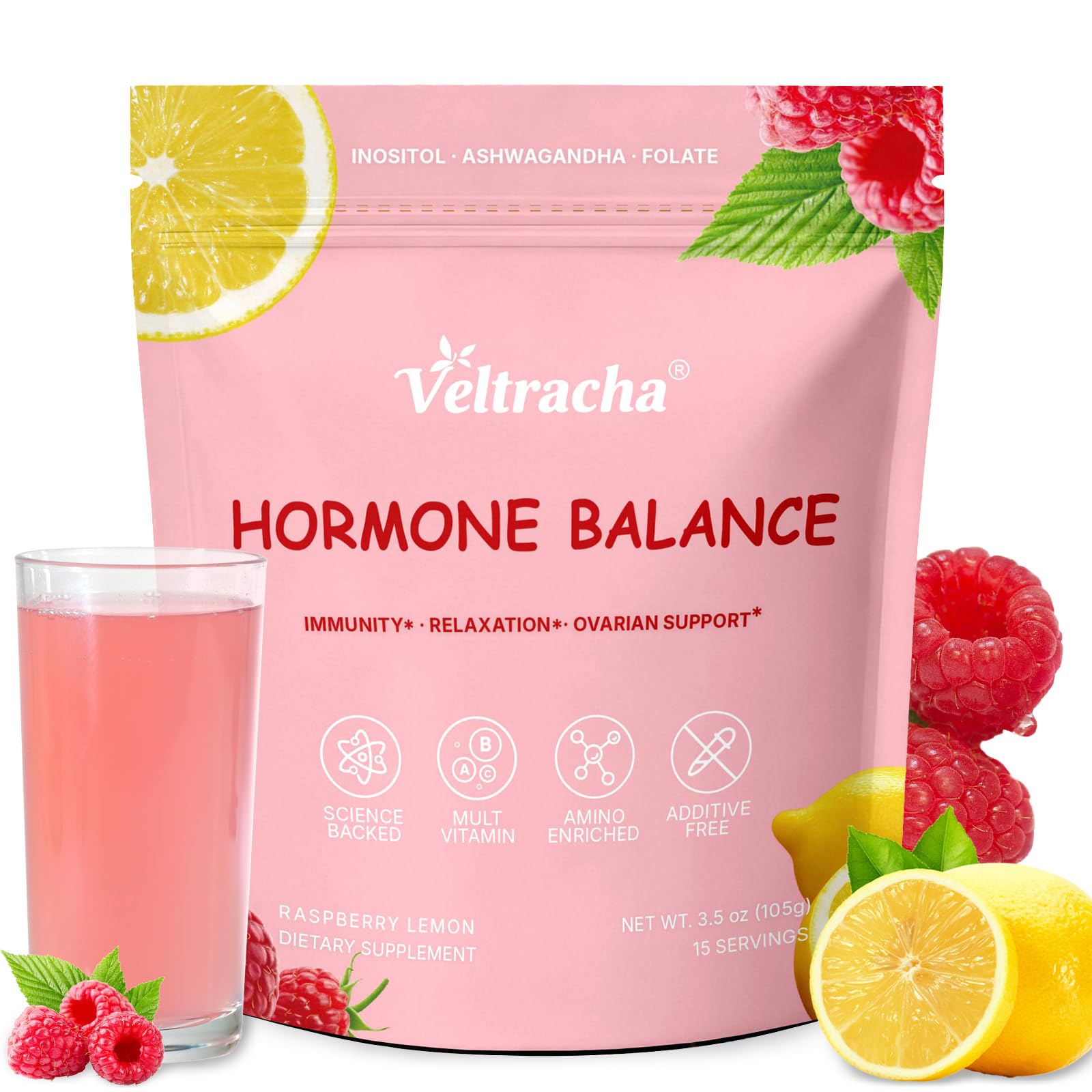 Veltracha Hormone Balance for Women, Myo & D-Chiro Inositol Powder with Folate & Amino Acid & Ashwagandha - Ovarian Support, Mood Regulation & PMS Relief, Raspberry Lemon, 15 Servings - Maple Wellness Supplements