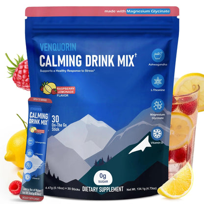 VENQUORIN Super Cortisol Calm Supplement Drink Powder for Women & Men with Magnesium Glycinate, Ashwagandha, L-Theanine & Vitamin D3 | Relaxation & Mood Support | Sugar Free, Vegan, 30 Servings - Maple Wellness Supplements