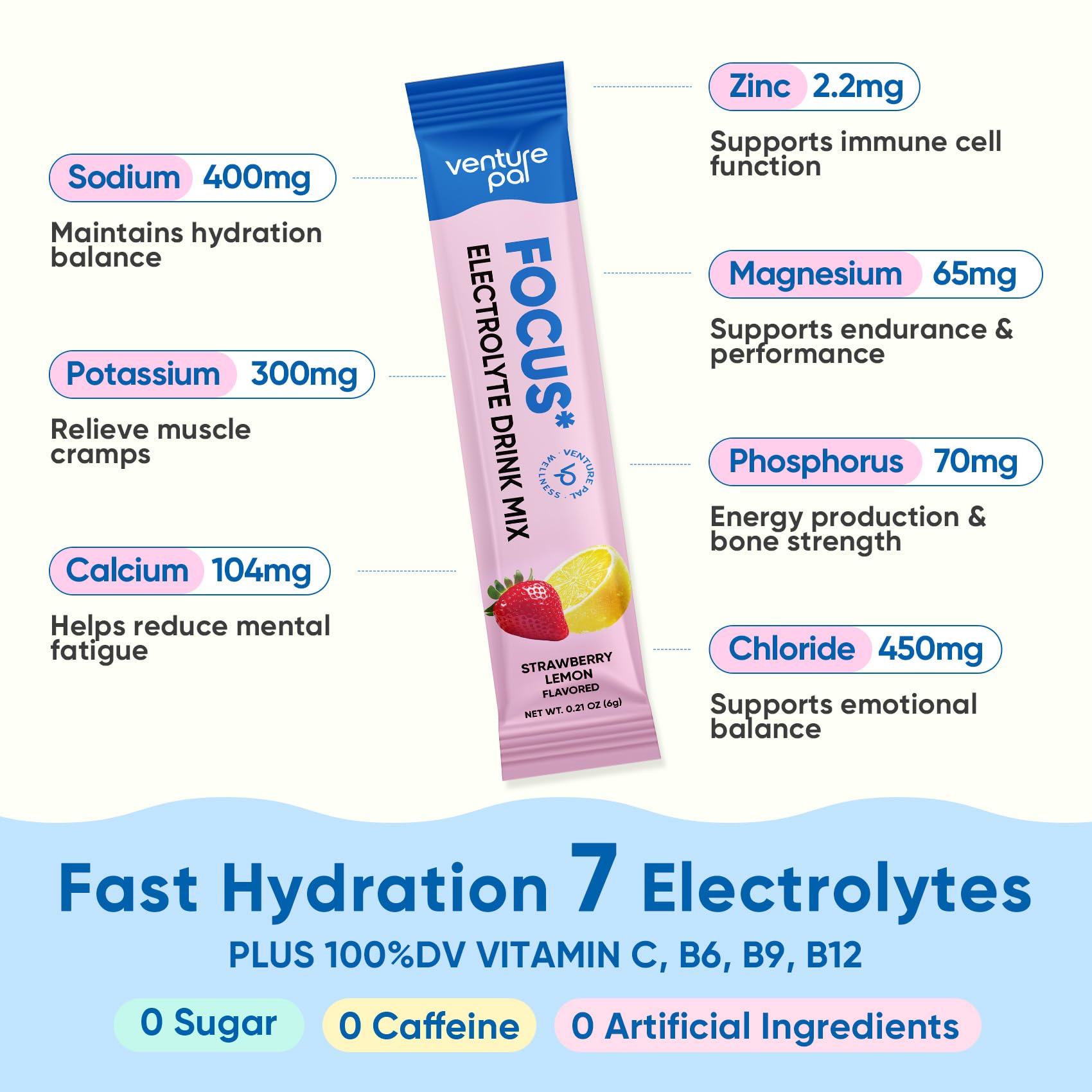 Venture Pal 2-in-1 Hydration Packets + Focus Support Electrolytes Powder, 7 Electrolytes + Vitamins, Magnesium, Lion's Mane & L-Theanine - Maple Wellness Supplements