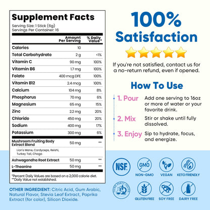 Venture Pal 2-in-1 Hydration Packets + Focus Support Electrolytes Powder, 7 Electrolytes + Vitamins, Magnesium, Lion's Mane & L-Theanine - Maple Wellness Supplements