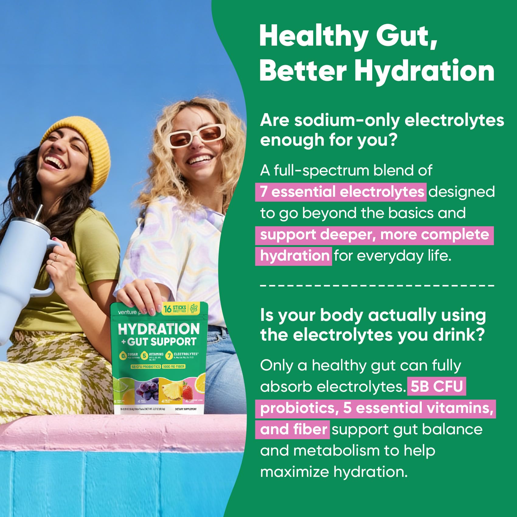 Venture Pal 2-in-1 Hydration Packets + Gut Health Electrolytes Powder - 7 Electrolytes & 5 Vitamins, Probiotics - Maple Wellness Supplements