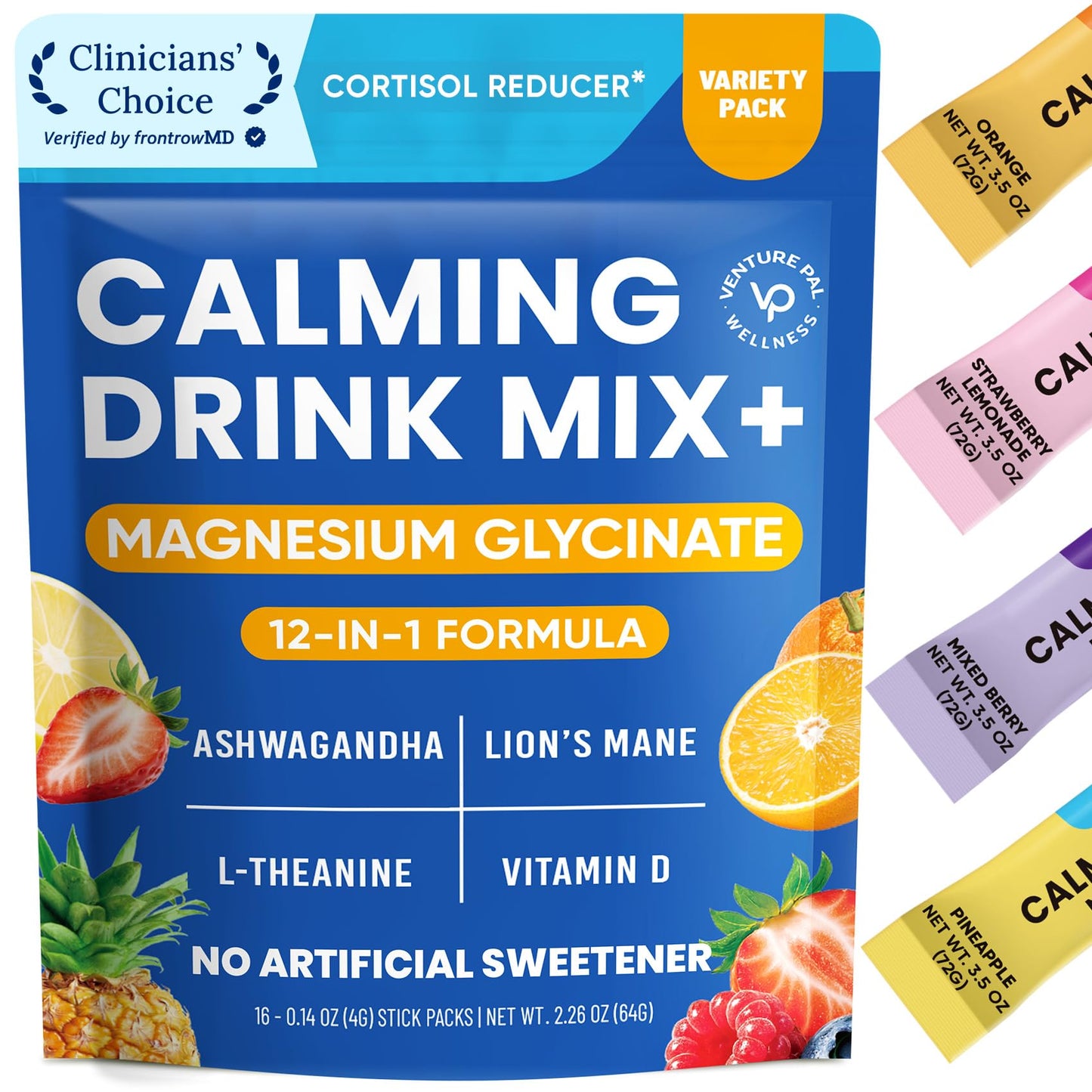 Venture Pal Calm Drink Mix, 12-in-1 Cortisol Reducer and Sleep Aid with Magnesium Glycinate, Ashwagandha, L-Theanine,Vitamin D, Calm Magnesium Powder - Maple Wellness Supplements