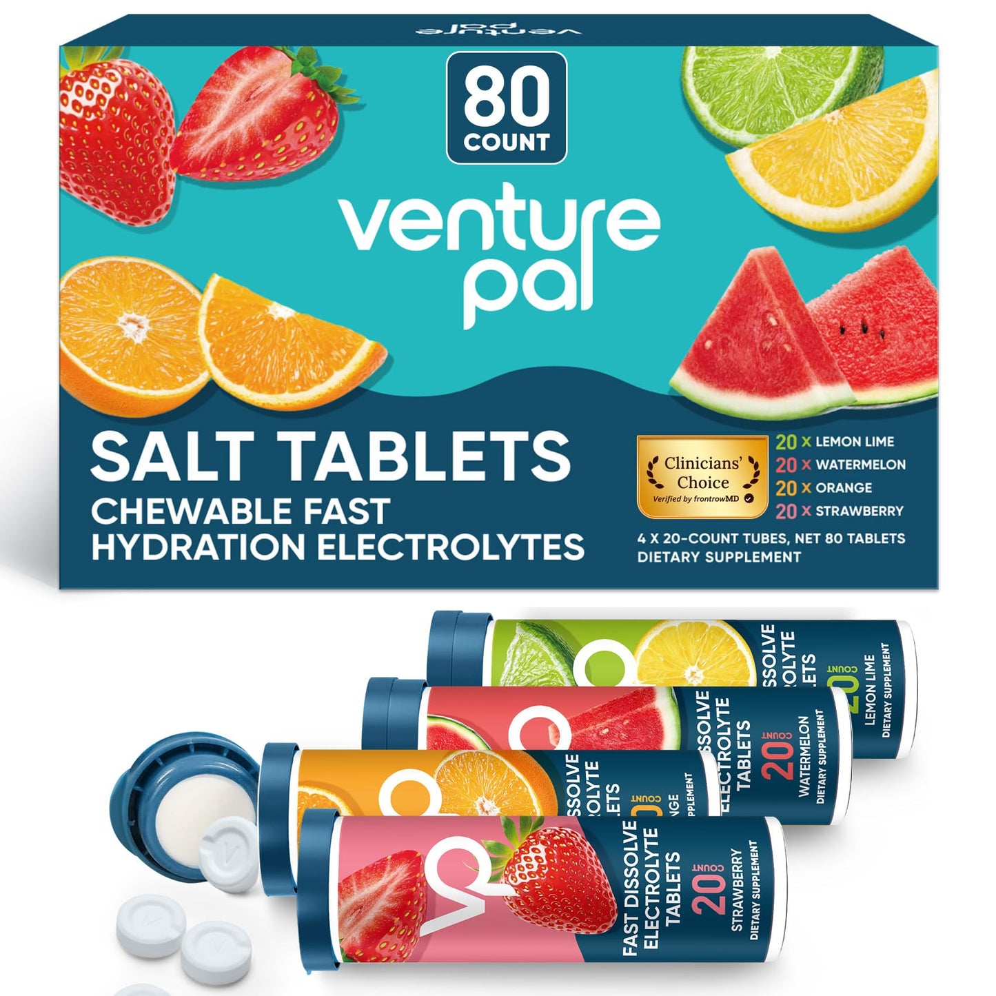 Venture Pal Chewable Electrolyte Tablets, 80 Count Fast-Dissolve Sugar-Free Stick Salt Tablets,Gluten Free – Variety Pack for Rapid Hydration, Outdoor Running, - Maple Wellness Supplements