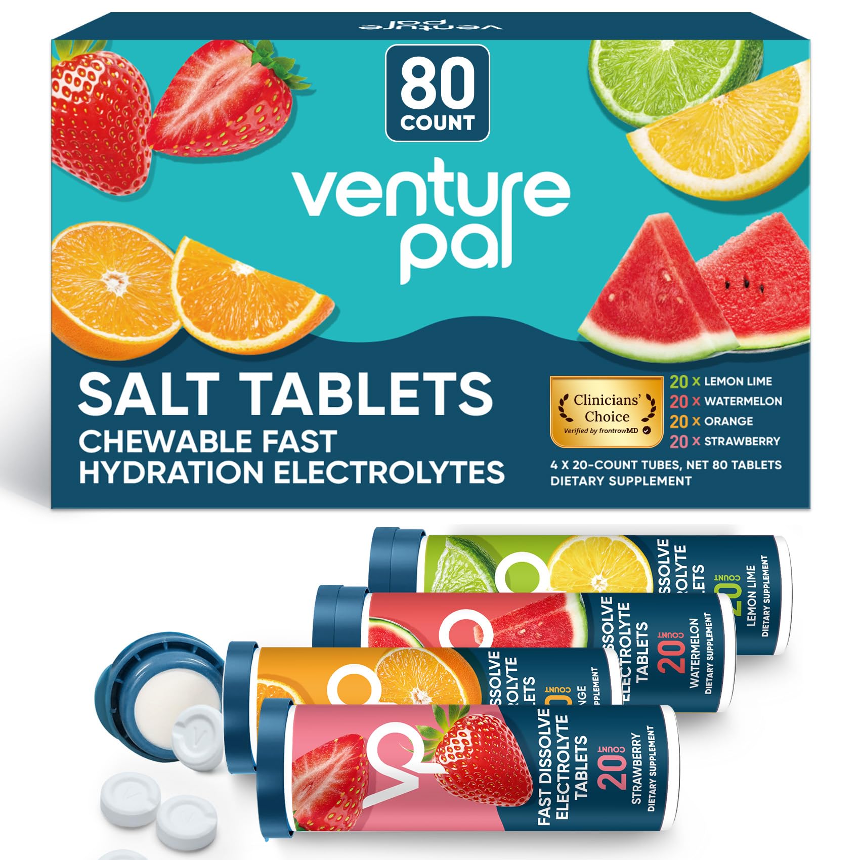 Venture Pal Chewable Electrolyte Tablets, 80 Count Fast-Dissolve Sugar-Free Stick Salt Tablets,Gluten Free – Variety Pack for Rapid Hydration, Outdoor Running, - Maple Wellness Supplements