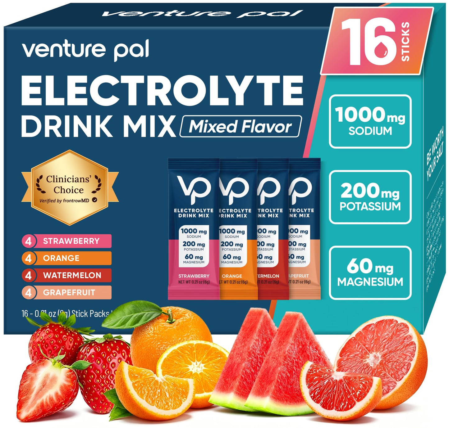 Venture Pal High Sodium Sugar Free Electrolytes Powder Packet - Hydration Packets with Vitamin, Sodium & Potassium | Zero Calories | Vegan, Keto & Paleo Friendly - Maple Wellness Supplements