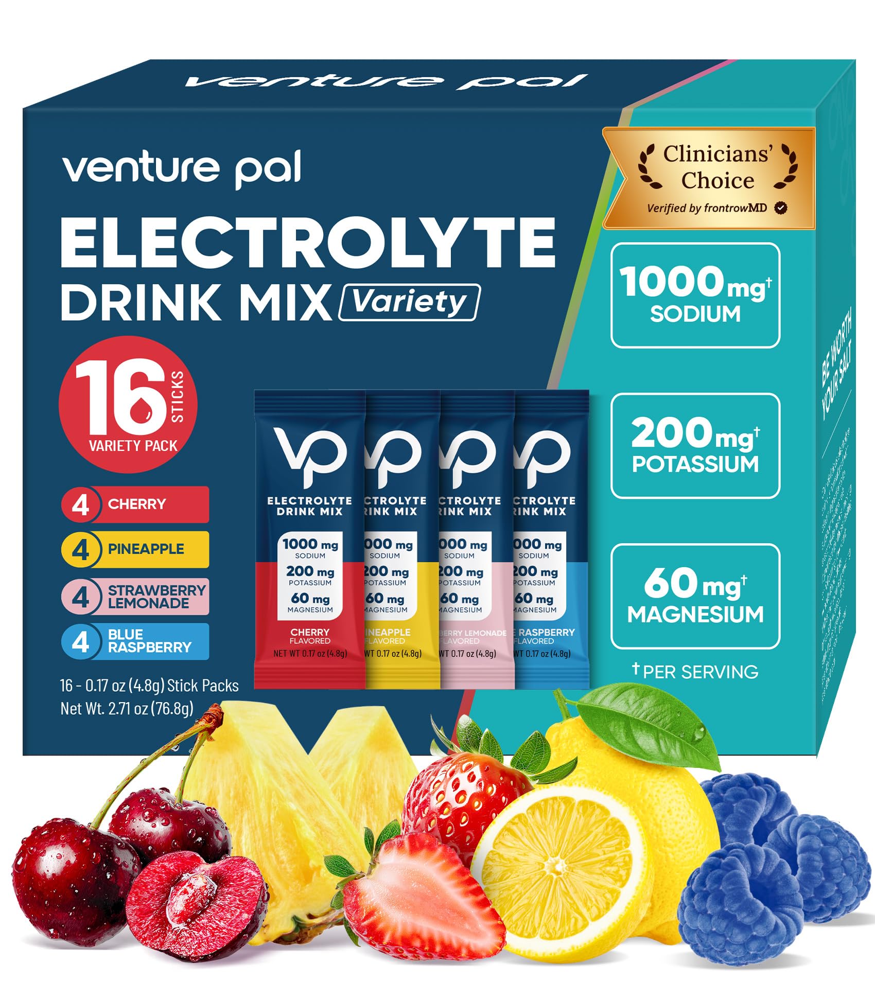 Venture Pal High Sodium Sugar Free Electrolytes Powder Packet, Zero Calories Hydration Packets with Vitamin, Sodium, Potassium & Magnesium, Electrolyte Drink Mix - Maple Wellness Supplements