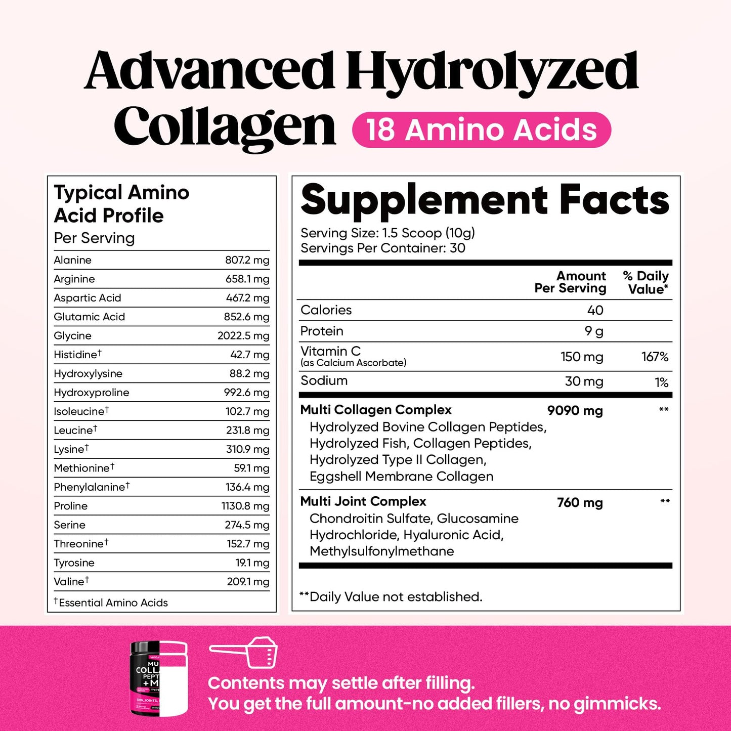 Venture Pal Multi Collagen Powder Type I, II, III, V, X – Hydrolyzed Collagen Peptides MSM, GC, Hyaluronic Acid Vitamin C | Collagen Supplement for Women - Maple Wellness Supplements