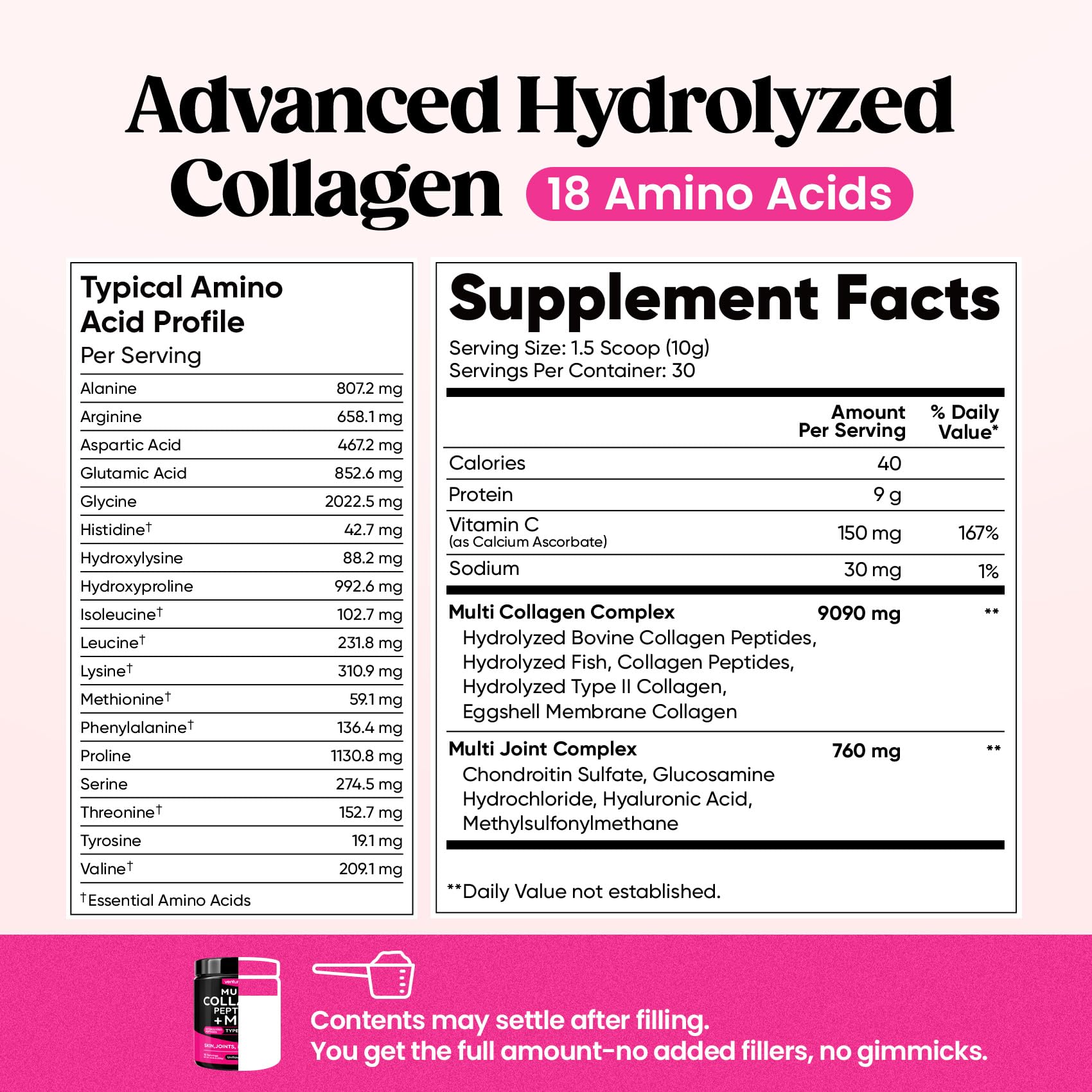 Venture Pal Multi Collagen Powder Type I, II, III, V, X – Hydrolyzed Collagen Peptides MSM, GC, Hyaluronic Acid Vitamin C | Collagen Supplement for Women - Maple Wellness Supplements