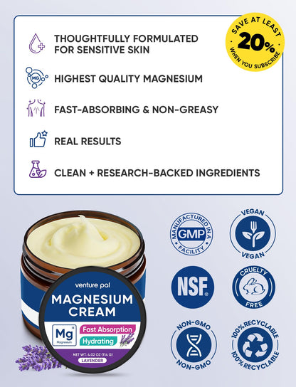 Venture Pal Topical Magnesium Cream, Fast-Absorbing Magnesium Moisturizing Lotion with Coconut Oil - Maple Wellness Supplements