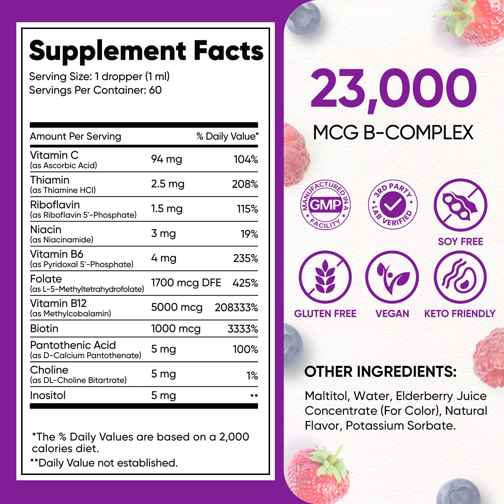Venture Pal Vitamin B Complex Liquid Drops, B12 Methylcobalamin | B9 Folic | B1,B2,B3,B5,B6,B16 - Vitamin C, Choline, Inositol - Maple Wellness Supplements