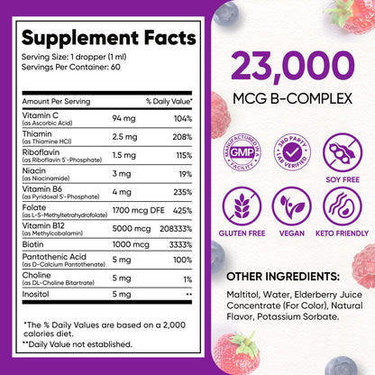 Venture Pal Vitamin B Complex Liquid Drops, B12 Methylcobalamin | B9 Folic | B1,B2,B3,B5,B6,B16 - Vitamin C, Choline, Inositol - Maple Wellness Supplements