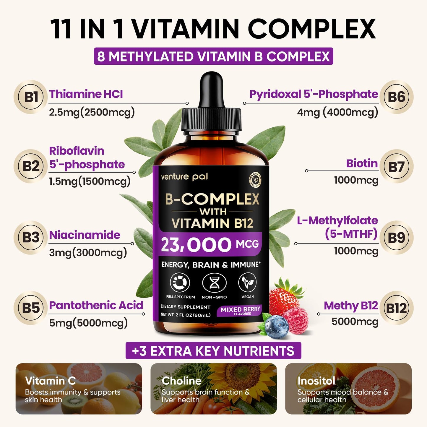 Venture Pal Vitamin B Complex Liquid Drops, B12 Methylcobalamin | B9 Folic | B1,B2,B3,B5,B6,B16 - Vitamin C, Choline, Inositol - Maple Wellness Supplements
