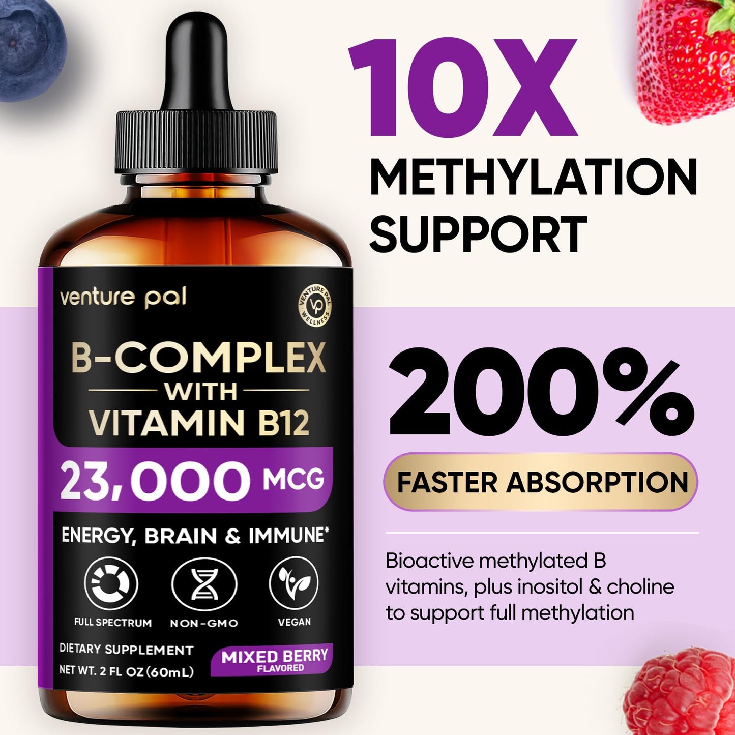 Venture Pal Vitamin B Complex Liquid Drops, B12 Methylcobalamin | B9 Folic | B1,B2,B3,B5,B6,B16 - Vitamin C, Choline, Inositol - Maple Wellness Supplements