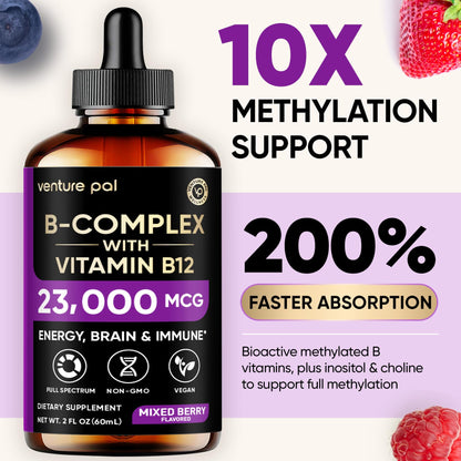 Venture Pal Vitamin B Complex Liquid Drops, B12 Methylcobalamin | B9 Folic | B1,B2,B3,B5,B6,B16 - Vitamin C, Choline, Inositol - Maple Wellness Supplements