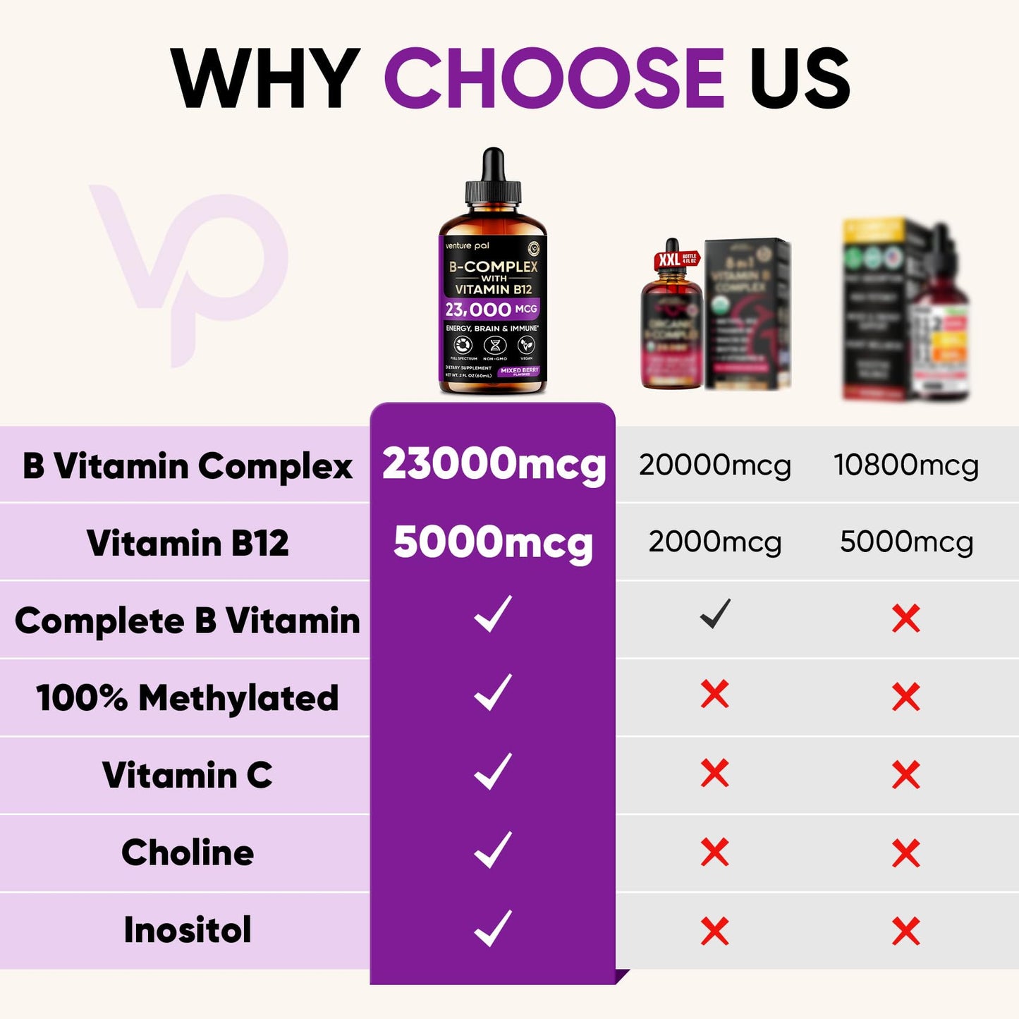Venture Pal Vitamin B Complex Liquid Drops, B12 Methylcobalamin | B9 Folic | B1,B2,B3,B5,B6,B16 - Vitamin C, Choline, Inositol - Maple Wellness Supplements