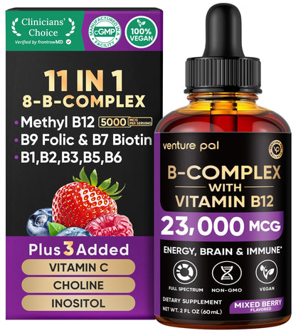 Venture Pal Vitamin B Complex Liquid Drops, B12 Methylcobalamin | B9 Folic | B1,B2,B3,B5,B6,B16 - Vitamin C, Choline, Inositol - Maple Wellness Supplements