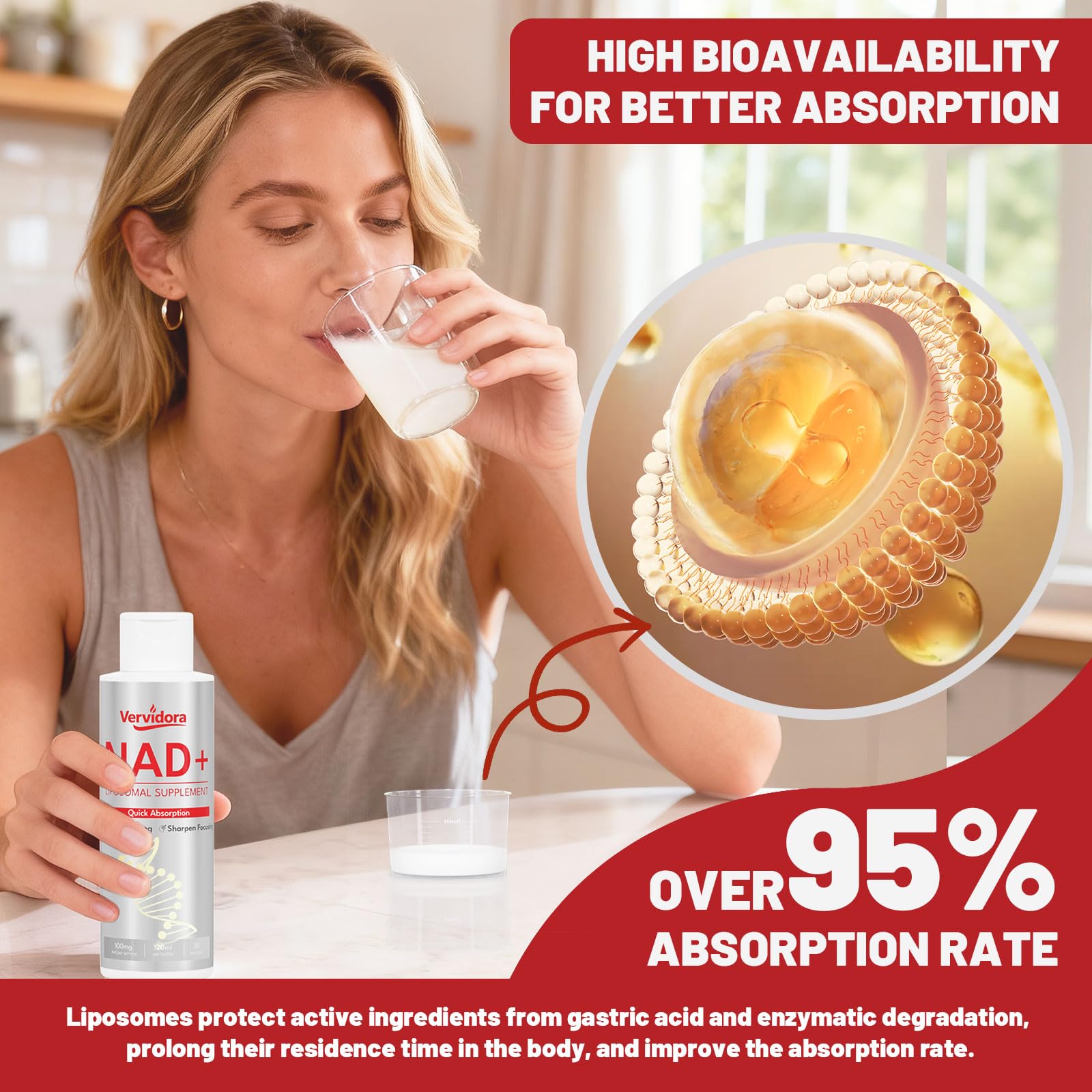 Vervidora Liposomal NAD+ Supplement, NAD+ Liquid Supplement with High Absorption for Anti-Aging, Cellular Health, Enhance Focus, Energy&Metabolism Support, Liposomal NAD+ Supplements for Women& Men - Maple Wellness Supplements