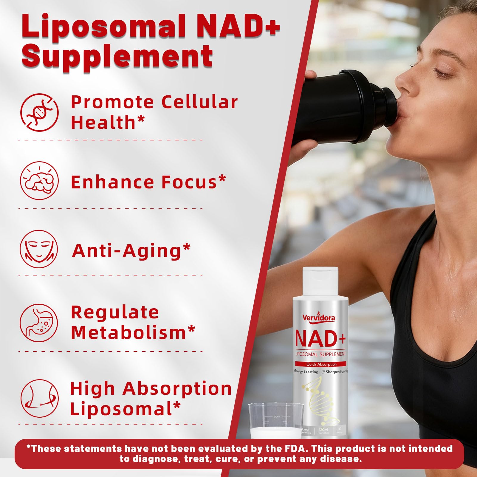 Vervidora Liposomal NAD+ Supplement, NAD+ Liquid Supplement with High Absorption for Anti-Aging, Cellular Health, Enhance Focus, Energy&Metabolism Support, Liposomal NAD+ Supplements for Women& Men - Maple Wellness Supplements