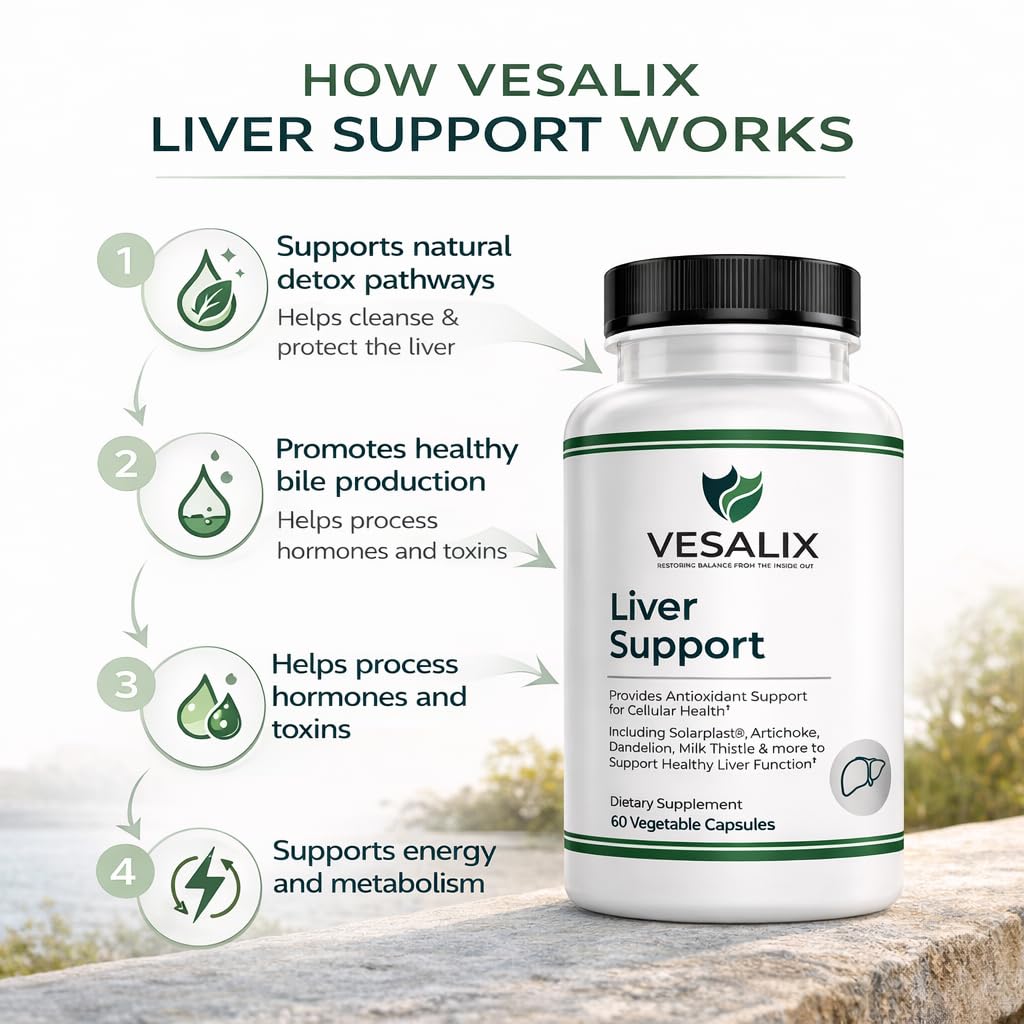 VESALIX Liver Support Supplement for Adults 40+ – Milk Thistle, Artichoke & Dandelion with Digestive Enzymes – Supports Digestion & Cellular Health – 60 Vegetarian Capsules - Maple Wellness Supplements