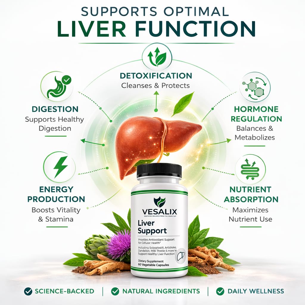 VESALIX Liver Support Supplement for Adults 40+ – Milk Thistle, Artichoke & Dandelion with Digestive Enzymes – Supports Digestion & Cellular Health – 60 Vegetarian Capsules - Maple Wellness Supplements
