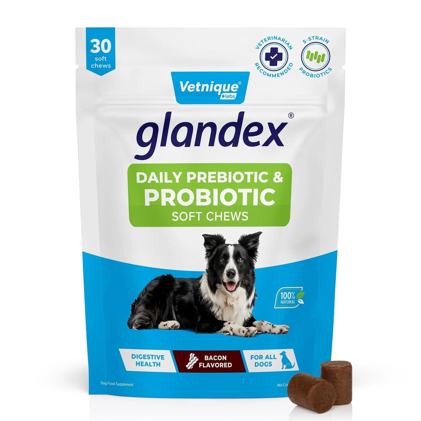 Vetnique Glandex Daily Probiotics for Dogs with Prebiotics to Support Gut Health with Fiber and Digestive Enzymes, Dog Probiotic Chews or Powders (30ct Chews, Bacon Chews) - Maple Wellness Supplements