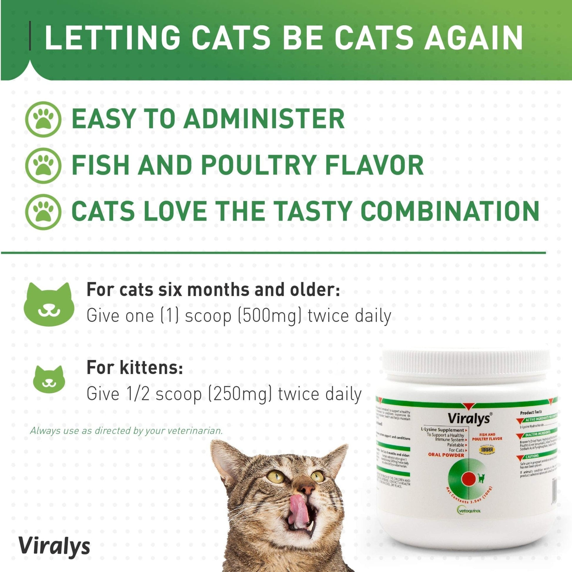 Vetoquinol Viralys Daily L-Lysine Powder for Cats and Kittens, Fish Flavored Lysine Supplement for Cats and Kittens to Support Immune Health - Maple Wellness Supplements